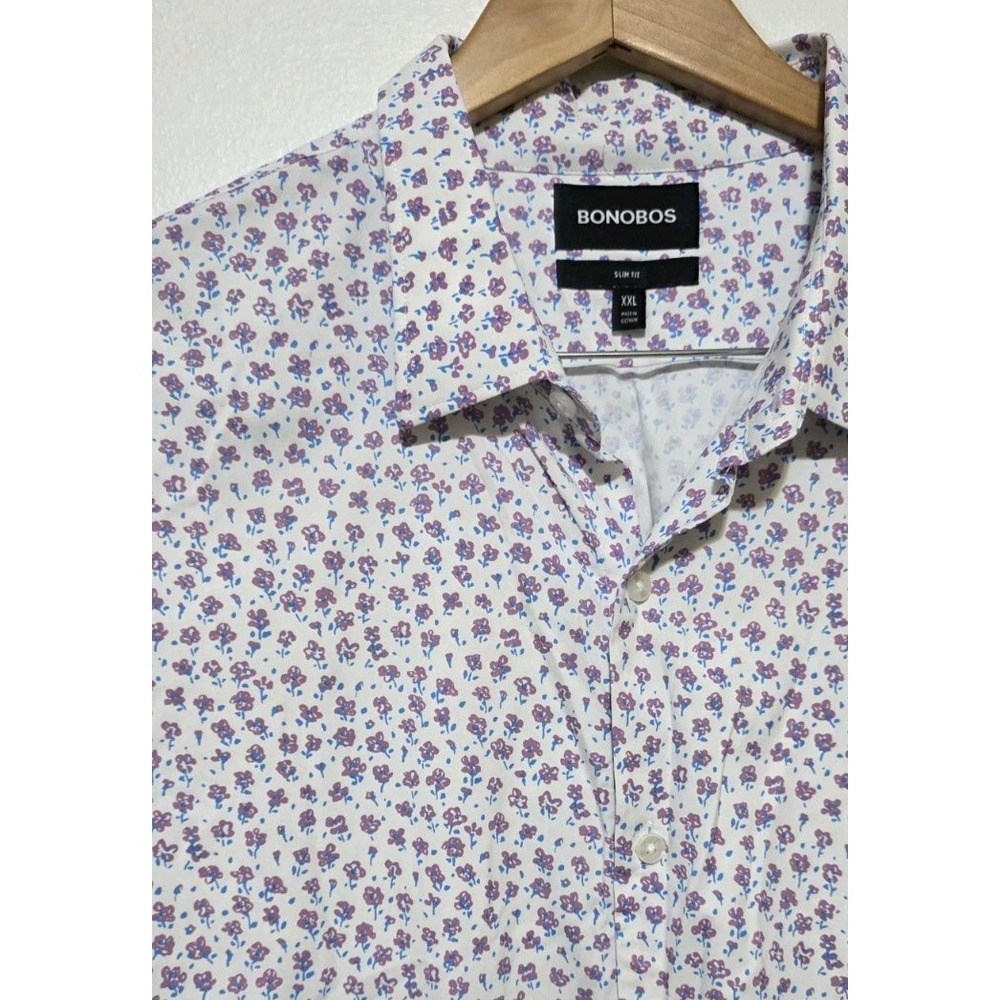 Bonobos Shirt Men XXL White Floral Button Up Polo Slim Fit Golf Performance EUC